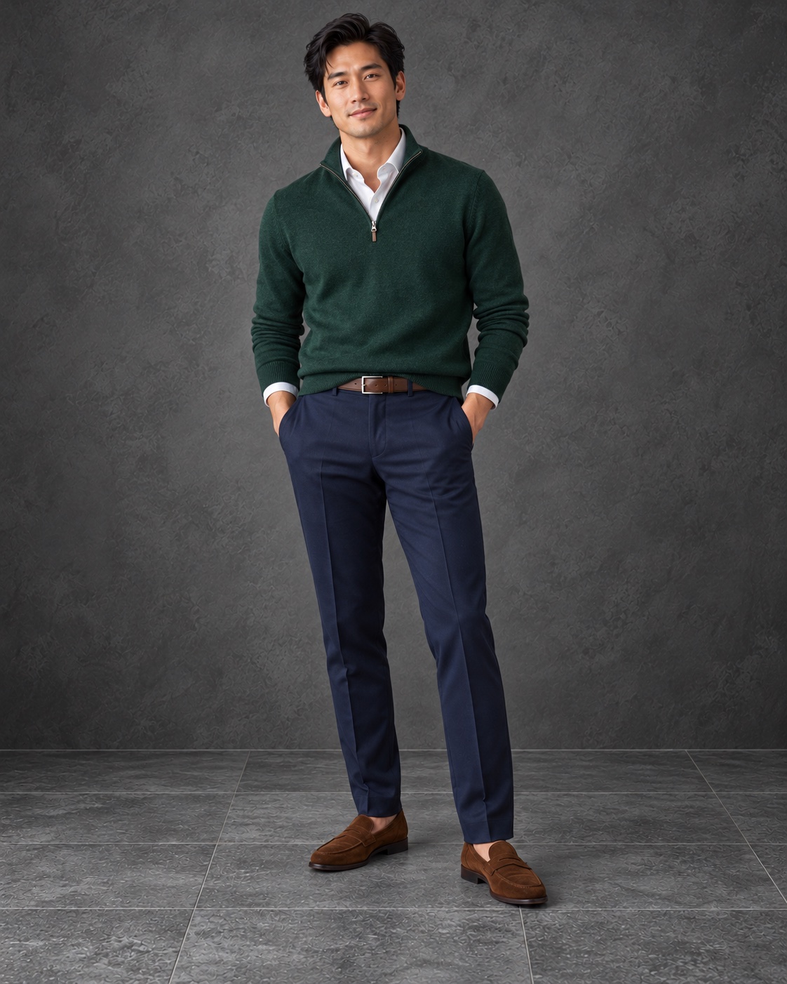 A man wearing a forest-green quarter-zip sweater, white collared shirt, navy trousers, cognac leather belt, and brown suede loafers