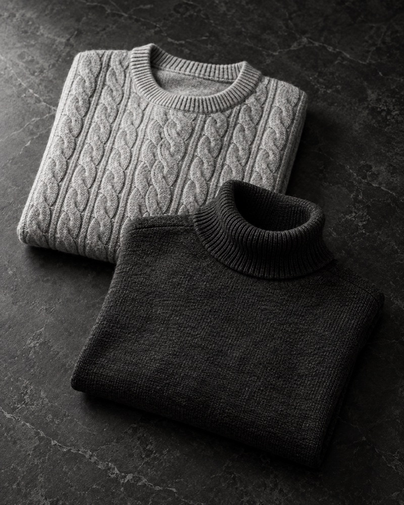 Folded cable-knit and turtleneck sweaters